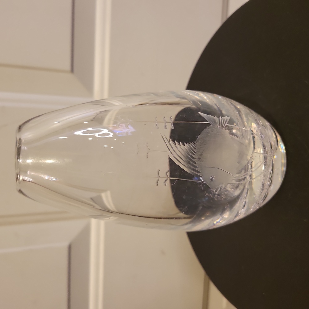 Scandinavian Vintage Bubble Base Vase With Etched Fish and Seaweed
